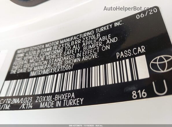NMTKHMBX9LR115067 2020 TOYOTA LIMITED White Engine compartment view