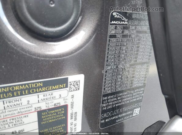 SADCJ2EX1MA684539 2021 JAGUAR F-PACE Gray Вид підкапотного простору
