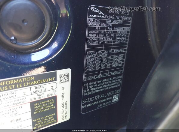 SADCJ2FX4LA631945 2020 JAGUAR F-PACE Black Вид підкапотного простору