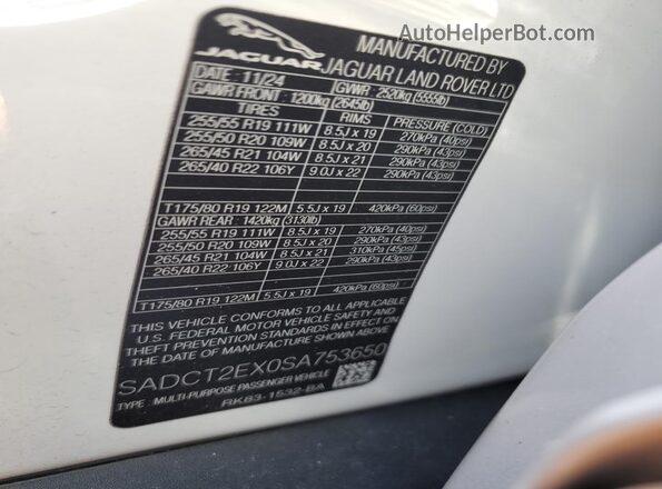 SADCT2EX0SA753650 2025 JAGUAR F-PACE White VIN կոդի պիտակի տեսք