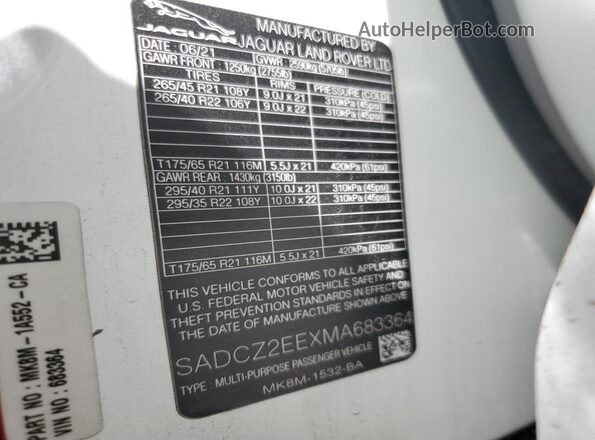 SADCZ2EEXMA683364 2021 JAGUAR F-PACE Purple VIN კოდის სტიკერის ხედი