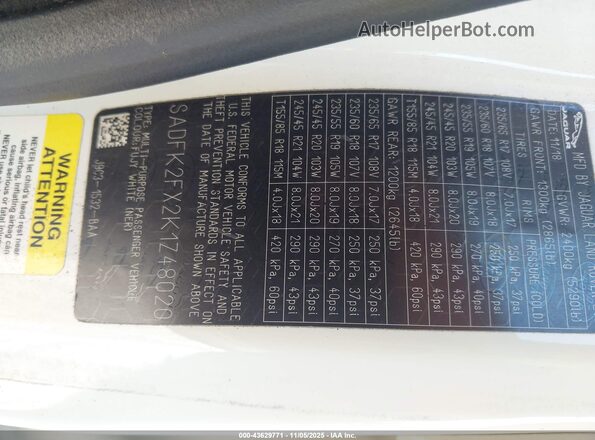 SADFK2FX2K1Z48020 2019 JAGUAR E-PACE Белый Вид подкапотного пространства