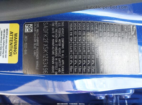 SADFK2FX5K1Z63496 2019 JAGUAR E-PACE Blue Вид підкапотного простору
