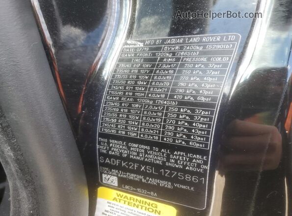 SADFK2FX5L1Z75861 2020 JAGUAR E-PACE Black Widok naklejki z numerem VIN