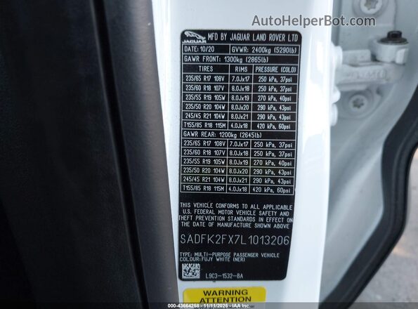 SADFK2FX7L1013206 2020 JAGUAR E-PACE White 