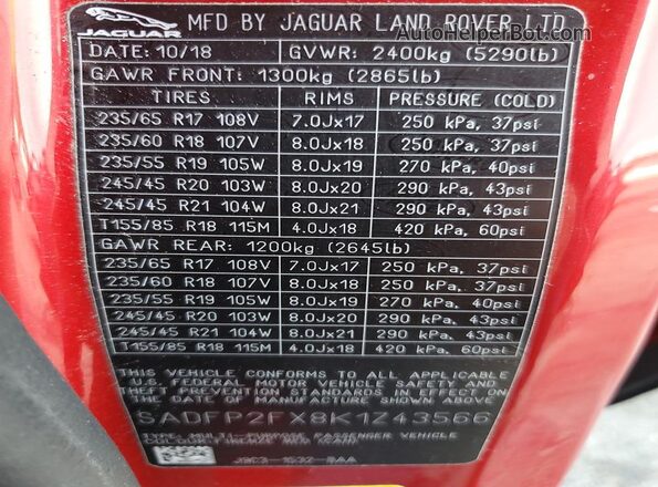 SADFP2FX8K1Z43566 2019 JAGUAR E-PACE Red Vista de la etiqueta del VIN