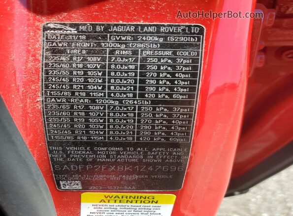 SADFP2FX8K1Z47696 2019 JAGUAR E-PACE Red Вид наклейки з VIN-кодом