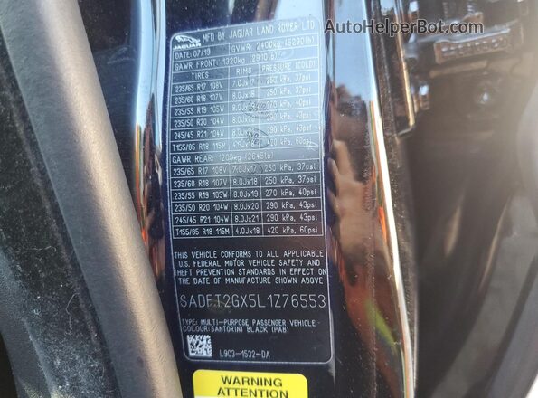 SADFT2GX5L1Z76553 2020 JAGUAR E-PACE Black Widok naklejki z numerem VIN