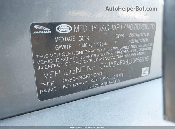 SAJAE4FX4LCP56016 2020 JAGUAR XF Gray Vista del compartimento del motor