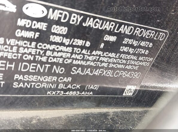 SAJAJ4FX8LCP64390 2020 JAGUAR XF Черный Вид подкапотного пространства