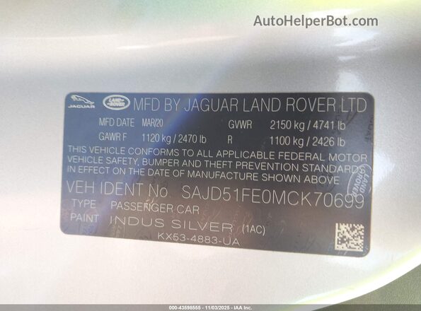SAJD51FE0MCK70699 2021 JAGUAR F-TYPE Silver Вид підкапотного простору