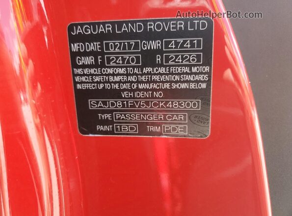 SAJD81FV5JCK48300 2018 JAGUAR F-TYPE Red VIN კოდის სტიკერის ხედი