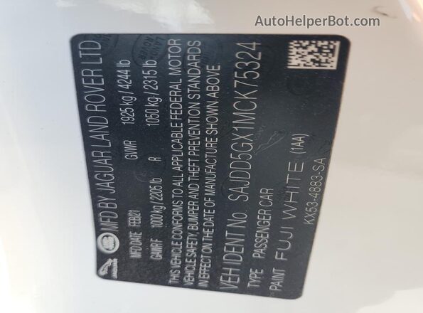SAJDD5GX1MCK75324 2021 JAGUAR F-TYPE White VIN კოდის სტიკერის ხედი