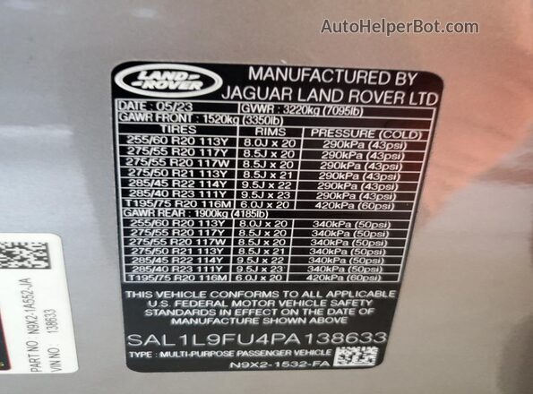 SAL1L9FU4PA138633 2023 LAND ROVER RANGE Brown Widok naklejki z numerem VIN