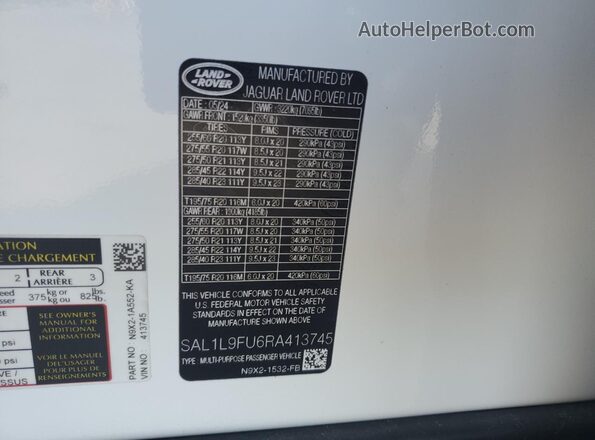SAL1L9FU6RA413745 2024 LAND ROVER RANGE White Вид підкапотного простору