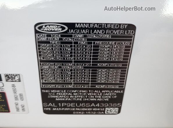SAL1P9EU6SA439385 2025 LAND ROVER RANGE White Widok naklejki z numerem VIN
