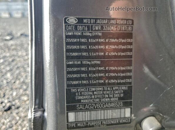 SALAG2V60GA846523 2016 LAND ROVER LR4 Gray Вид наклейки з VIN-кодом