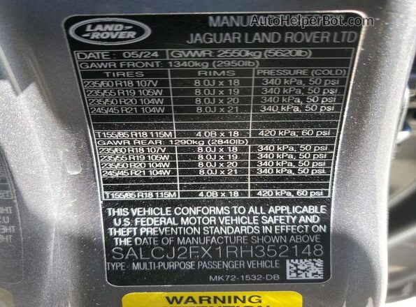 SALCJ2FX1RH352148 2024 LAND ROVER DISCOVERY Gray VIN sticker view