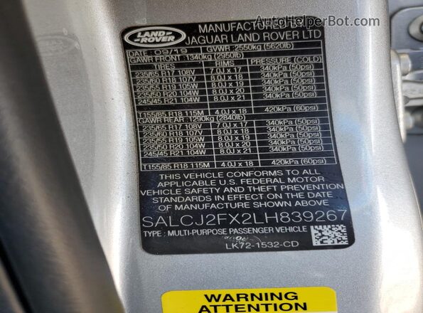SALCJ2FX2LH839267 2020 LAND ROVER DISCOVERY Silver 