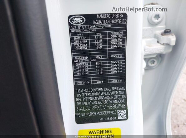 SALCJ2FX5MH888898 2021 LAND ROVER DISCOVERY SPORT White Widok komory silnika