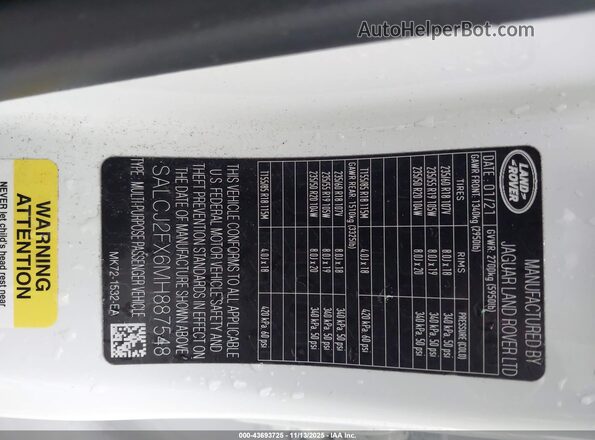 SALCJ2FX6MH887548 2021 LAND ROVER DISCOVERY SPORT White ძრავის განყოფილების ხედი
