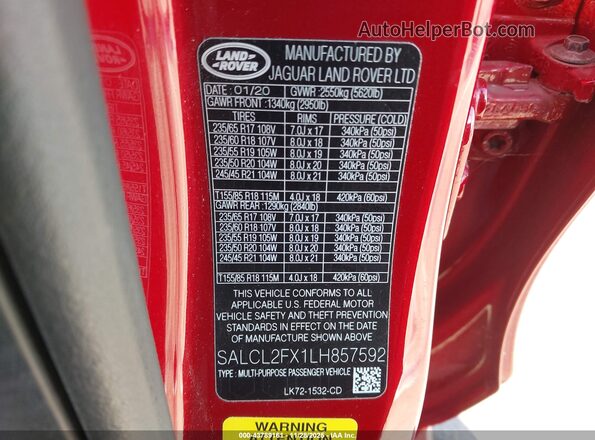 SALCL2FX1LH857592 2020 LAND ROVER DISCOVERY SPORT Красный Вид подкапотного пространства
