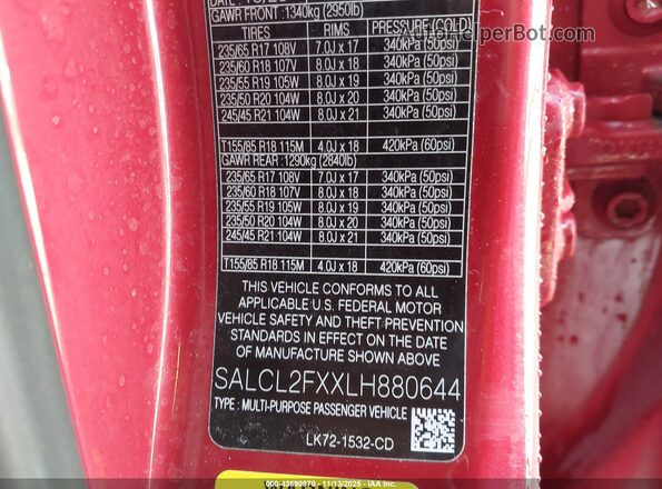 SALCL2FXXLH880644 2020 LAND ROVER DISCOVERY SPORT Red Widok komory silnika