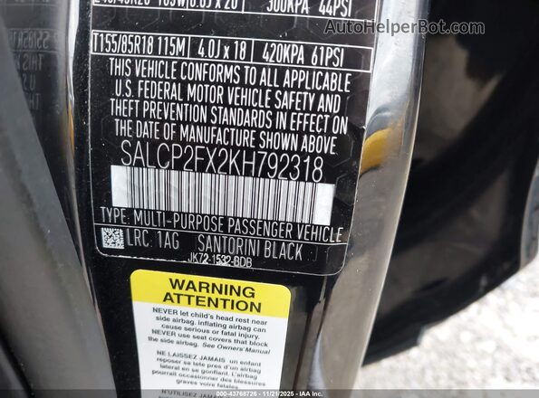 SALCP2FX2KH792318 2019 LAND ROVER DISCOVERY SPORT Black Вид підкапотного простору