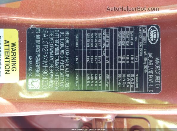SALCP2FX4MH904300 2021 LAND ROVER DISCOVERY SPORT Orange ძრავის განყოფილების ხედი