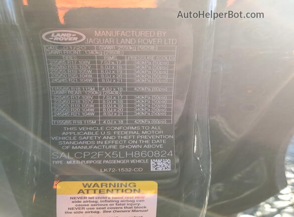 SALCP2FX5LH860824 2020 LAND ROVER DISCOVERY Black Widok naklejki z numerem VIN
