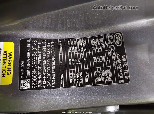 SALCP2FX8MH899926 2021 LAND ROVER DISCOVERY SPORT Gray Вид підкапотного простору