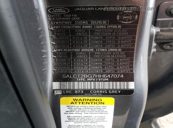SALCT2BG7HH647074 2017 LAND ROVER DISCOVERY Серый Вид наклейки с VIN-кодом