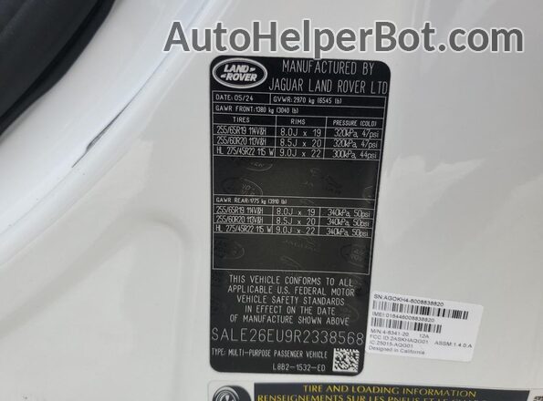 SALE26EU9R2338568 2024 LAND ROVER DEFENDER Белый Вид наклейки с VIN-кодом