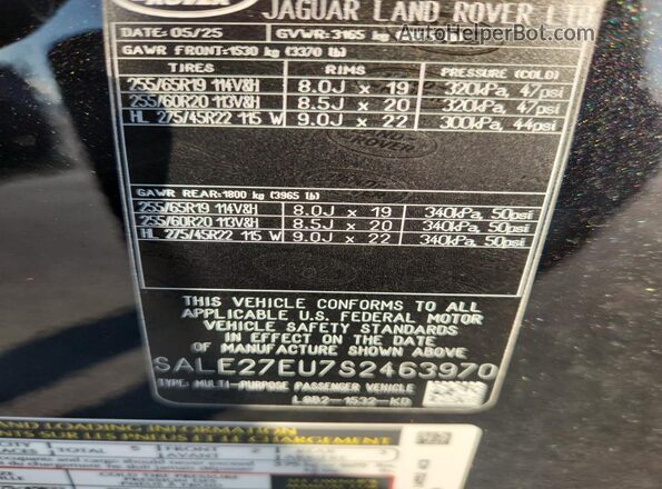 SALE27EU7S2463970 2025 LAND ROVER DEFENDER Черный Вид наклейки с VIN-кодом