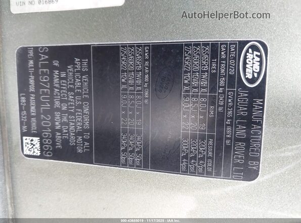 SALE97EU1L2016869 2020 LAND ROVER DEFENDER Зеленый Вид подкапотного пространства