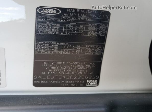 SALEJ7EX2R2258239 2024 LAND ROVER DEFENDER Белый Вид наклейки с VIN-кодом