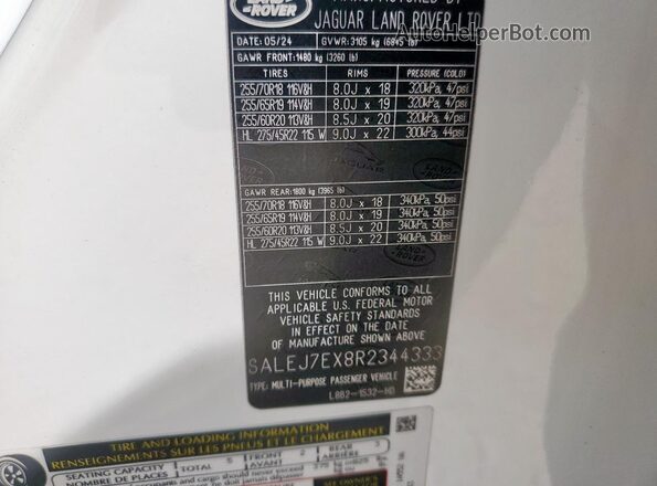 SALEJ7EX8R2344333 2024 LAND ROVER DEFENDER White Vista de la etiqueta del VIN