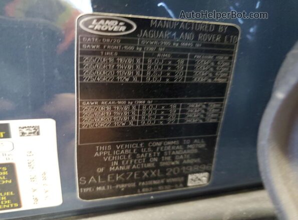 SALEK7EXXL2019896 2020 LAND ROVER DEFENDER Blue Vista de la etiqueta del VIN