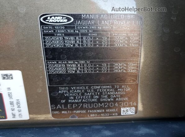 SALEP7RU0M2043014 2021 LAND ROVER DEFENDER Brown VIN კოდის სტიკერის ხედი