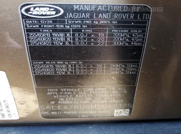 SALEX7RU8M2042175 2021 LAND ROVER DEFENDER Tan Vista de la etiqueta del VIN