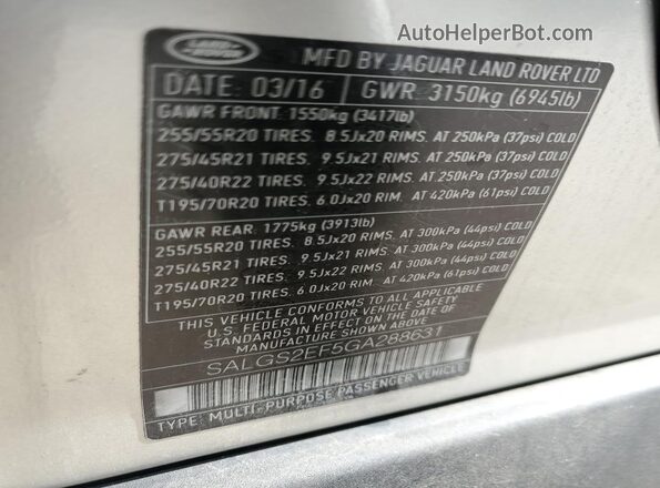 SALGS2EF5GA288631 2016 LAND ROVER RANGE Silver VIN კოდის სტიკერის ხედი