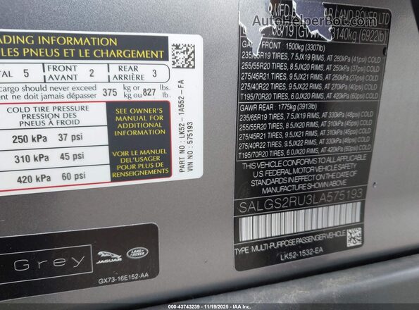 SALGS2RU3LA575193 2020 LAND ROVER RANGE ROVER Pewter Вид підкапотного простору