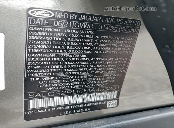 SALGS2RU4MA453301 2021 LAND ROVER RANGE Серый 