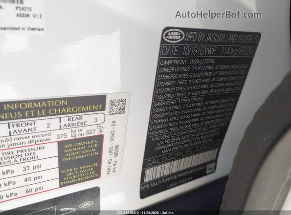 SALGS2RU5LA585286 2020 LAND ROVER RANGE ROVER Black Vista del compartimento del motor