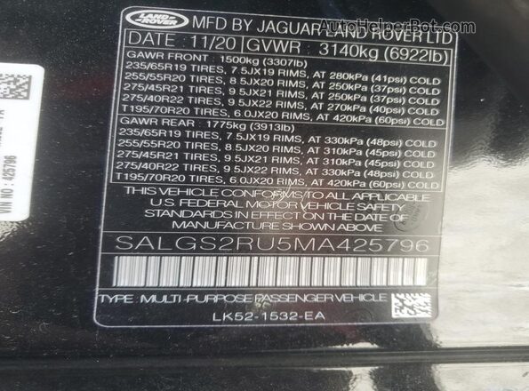 SALGS2RU5MA425796 2021 LAND ROVER RANGE Black 