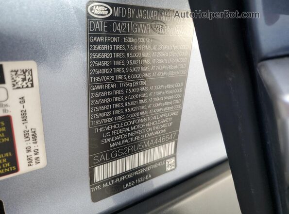 SALGS2RU5MA446647 2021 LAND ROVER RANGE Серебряный Панорамный вид салона 360°
