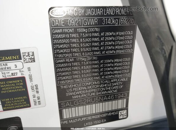 SALGS2RU5NA461943 2022 LAND ROVER RANGE ROVER White Vista del compartimento del motor