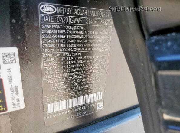 SALGS2RU6LA404888 2020 LAND ROVER RANGE Black Vista interior de 360 grados