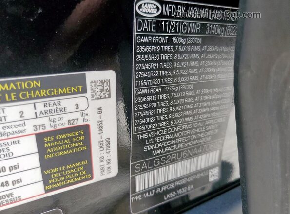 SALGS2RU6NA470800 2022 LAND ROVER RANGE Black Widok naklejki z numerem VIN