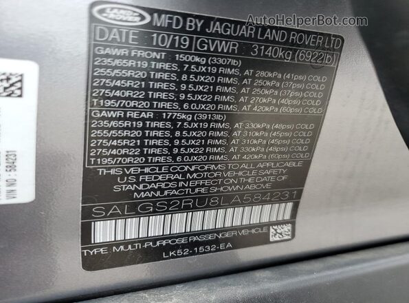 SALGS2RU8LA584231 2020 LAND ROVER RANGE Gray Вид наклейки з VIN-кодом